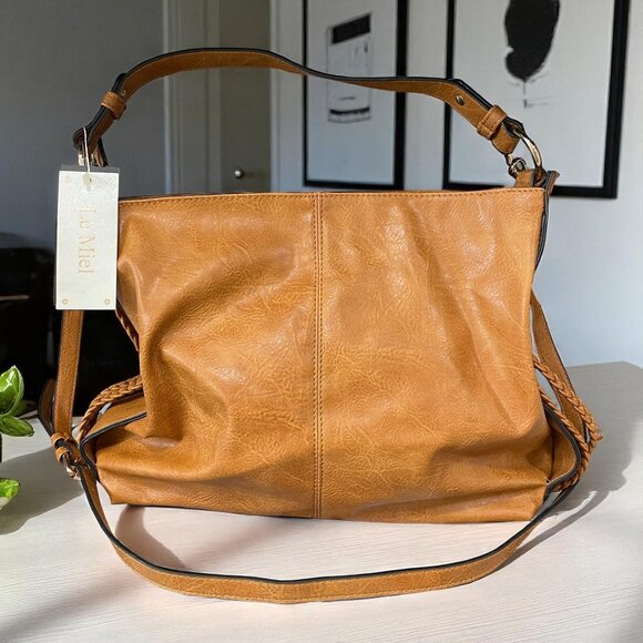 Le Miel Vegan Leather Tote Crossbody Bag Cognac Brown Large Braided Strap - Picture 1 of 14